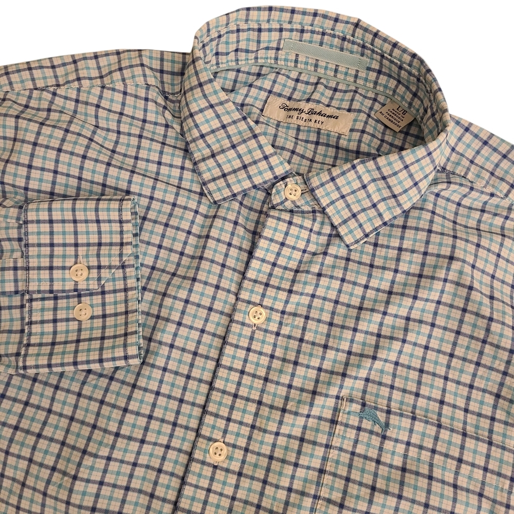 Tommy Bahama Men's Large Blue Plaid The Siesta Key Long Sleeve  Button-Up Shirt